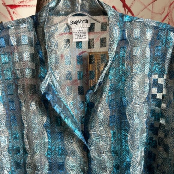 BonWorth Shimmering Blue and White Top Small Petite - Picture 6 of 16